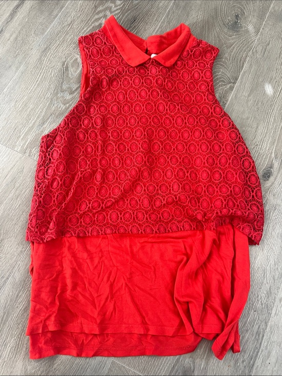 Elle Tops - Elle Red Lace Overlay Sleeveless Polo Tank